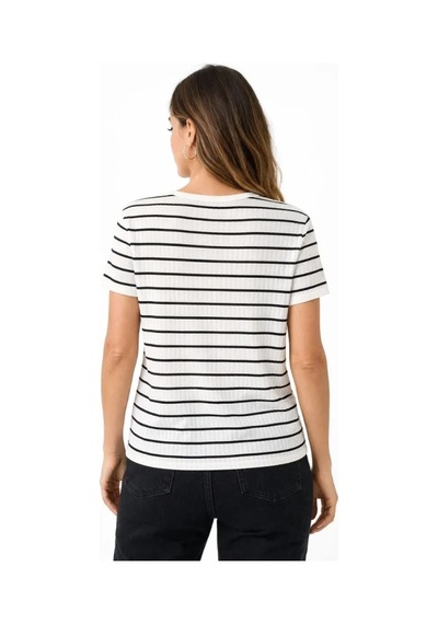 Oada Çizgili Yazlık Triko T-shirt Bisiklet Yaka Rahat Kalıp Tişört - Beyaz