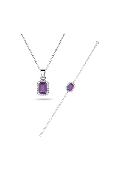 Brezza Lusso Jewelry 925 Ayar Gümüş Ametist Taşlı Baget Kadın Kolye Bileklik Set 42900802