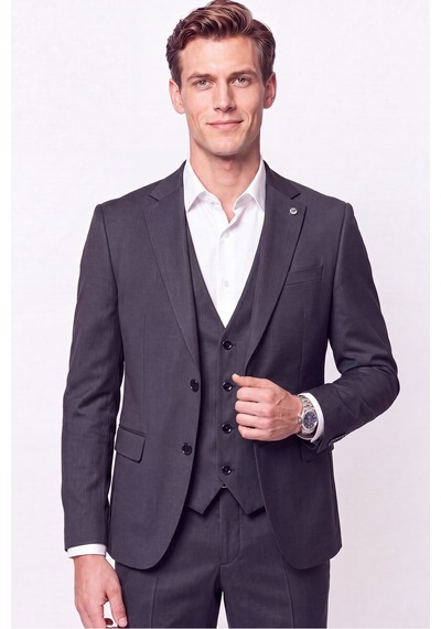 Efor Slim Fit Çift Yırtmaç %97 Yünlü Doku Desenli Esnek Antrasit Yelekli Takım Elbise Tk 927 Efor Slim Fit Çift Yırtmaç %97 Yünlü Doku Desenli Esnek Antrasit Yelekli Takım Elbise Tk 927