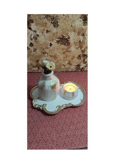El Yapımı Dekoratif Sunum Tepsisi, Vazo Ve Tealight Mumluk Seti, Özel Tasarım 3'lü Aksesuar Seti