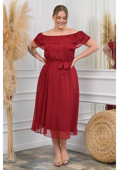 Dip Moda Kadın Şifon Kuşaklı Büyük Beden Elbise Dpnb8061 Bordo