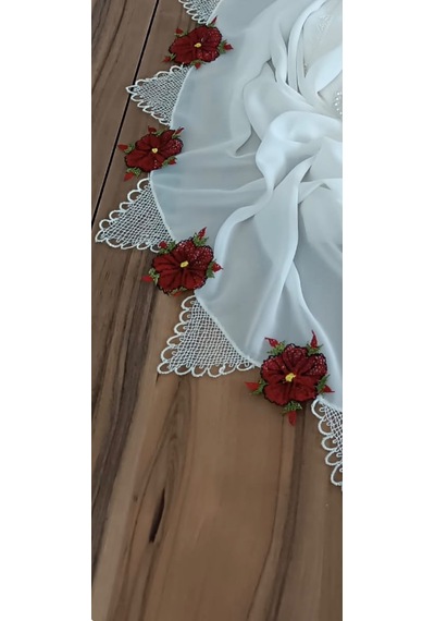 İğne Oyası Kırmızı Çiçek Motifli Namaz Örtüsü Ve Tesbih Takımı - Çeyizlik Set Beyaz - Gül Kurusu