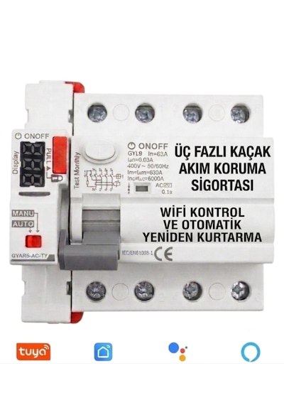 Onoff Tuya Wifi Akıllı 3 Fazlı Kaçak Akım Otomatik Yeniden Kurtarma Zamanlama Uzaktan Kontrol 63 Amper Gyar9-ac-ty Gyl9