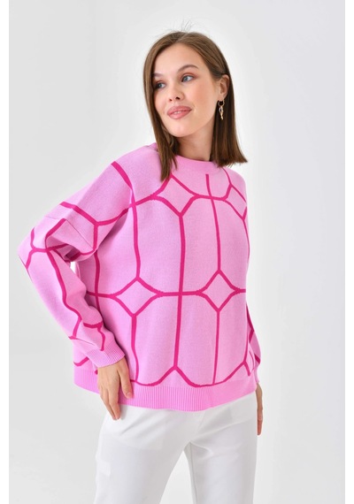 Park Karon Kadın Bisiklet Yaka Desenli Oversize Triko Kazak 224403 Pembe