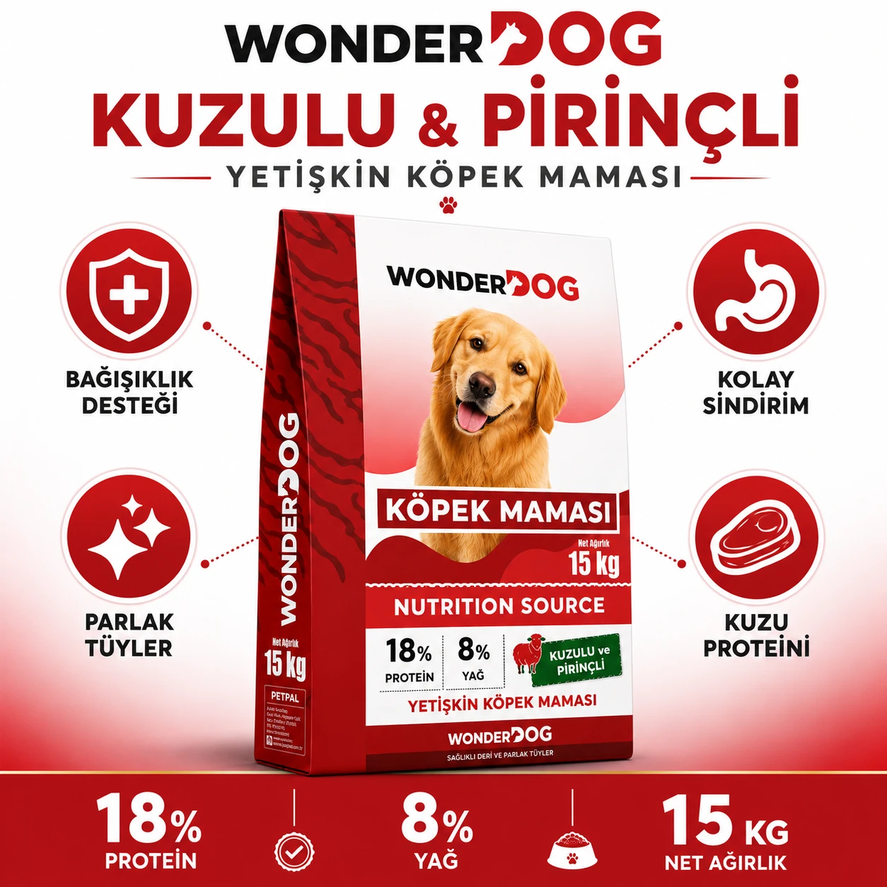 Wonderdog Kuzu Etli Ve Pirinçli Yetişkin Köpek Maması 15 Kg