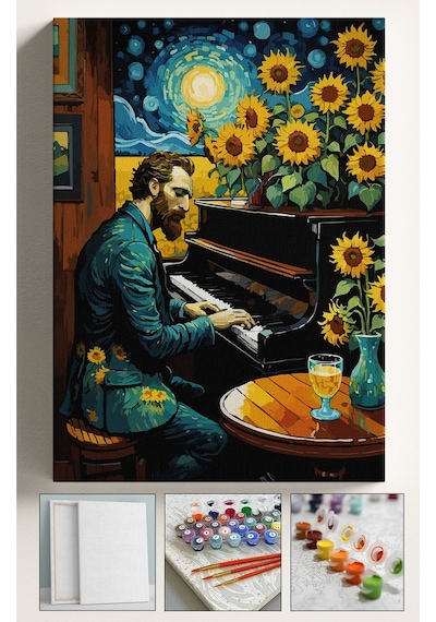 Sayılarla Boyama Tuval Seti Fırça Boya Dahil Çıtalı 40x50 Cm - Vincent Van Gogh Piano