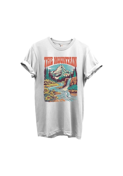 The Mountain Yazılı Dağ Manzarası Ve Şelale Baskılı %100 Pamuk Regular Fit Unisex T-shirt Beyaz