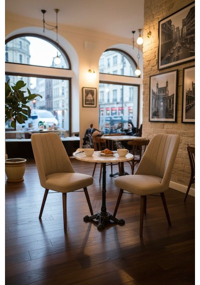 Nora 2 Adet Sandalye - Keten Kumaşlı Sandalye Modern Ahşap Ayaklı Yemek & Çalışma Sandalyesi Minimal Tasarım Cappuccino