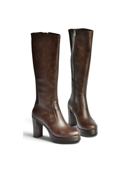 Fox Shoes Z996224509 Kahverengi Arkası Dalgıç Streç Kumaş Kalın Topuklu Kadın Çizme