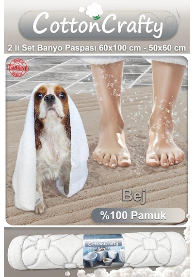 Cottoncrafty %100 Pamuk Dokuma Su Emici Banyo Paspas Seti, Banyo Halısı Vera 2 Li Set 60x100-60x50 Bej Genel