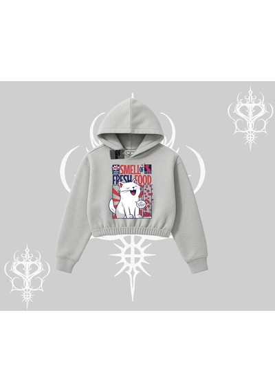 Startmore Smell Of Fresh Food Kedi Baskılı Kapşonlu Crop Sweatshirt Gri