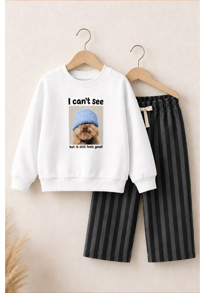 Monila Unisex Çocuk Ekru Köpek Baskılı Sweatshirt Ve Antrasit Çizgili Eşofman Alt Üst Takım