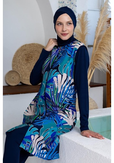 Maresiva 262302 Tewny Jileli Lycra Uzun Kollu Tam Boy Tesettür Mayo Lacivert