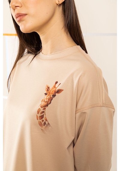 Ters Dikiş Detaylı Figürlü Bisiklet Yaka Sweatshirt Sütlü Kahve