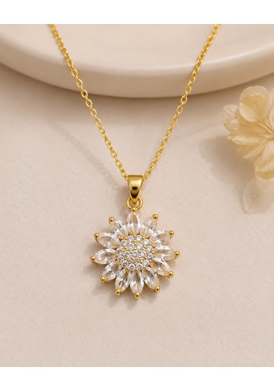 Çiçek Model Zirkon Taşlı Zarif Kolye Gold
