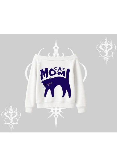 Startmore Cat Mom Yazılı Minimal Kedi Arka Baskılı Kayık Yaka Sweatshirt Beyaz