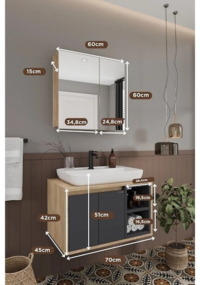 Lale 70 Cm %100 Mdf Lavabolu Banyo Dolabı + Aynalı Dolap Antrasit Lale 70 Cm %100 Mdf Lavabolu Banyo Dolabı + Aynalı Dolap Antrasit