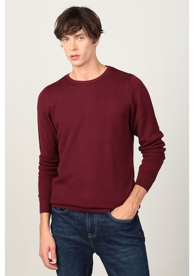 Tudors Erkek Slim Fit Bisiklet Yaka Petek Desenli Bordo Triko Kazak-5566 Bordo
