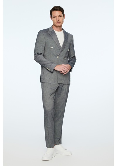 Morven Erkek Marine Keten Trend Desenli Slim Fit Sivri Yaka Kruvaze Takım Elbise 26ys001002210 Marine