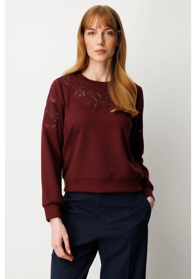 On Fashion Kadın Kolları Ve Yakası Pencere Detaylı Bordo Sweatshirt 66322 Bordo