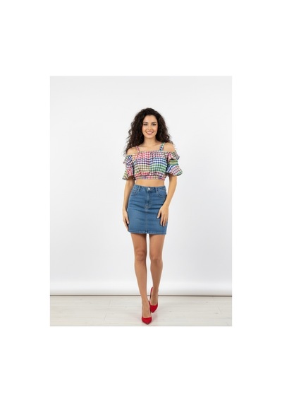 Polologin Butik Kadın Çok Renkli Ekose Desenli, Volan Detaylı Askılı Crop Bluz Mavi