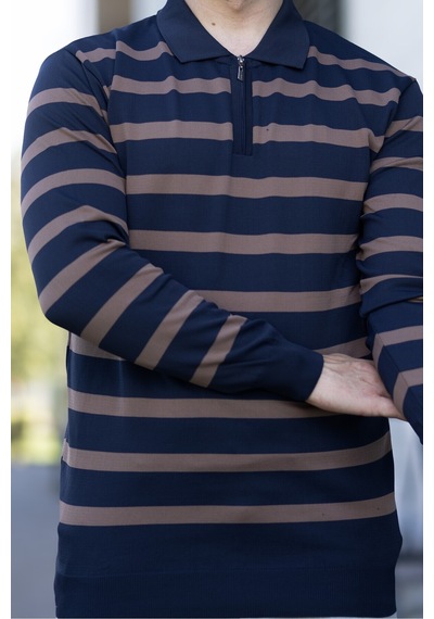 Hk Premium Kazak Fermuarlı Polo Yaka Çizgili Triko Sweatshirt Lacivert