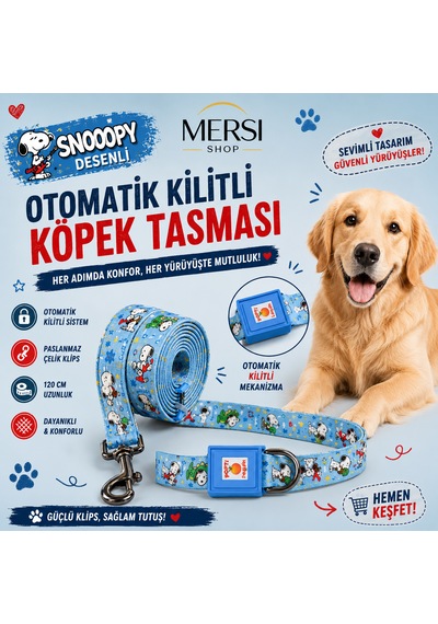 Snoopy Desenli Otomatik Kilitli Köpek Gezdirme Tasması 120 Cm Paslanmaz Çelik Klipsli Pet Tasma Açık Mavi