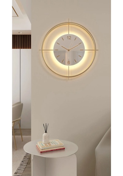 MetaQuartz Aksesuar (Büyük Boy-55*55 cm)Gold Deluxe Ledli Pilli - Beyaz Göbek - Modern Dekoratif Saat