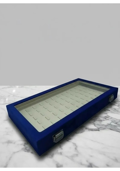 Yeni Cam Kapaklı Süet Lacivert Kumaş 45 Cm / 25 Cm Tırnaklı Yüzük Tablası