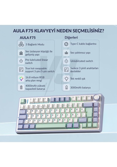 F75 Mekanik Rgb Tkl Graywood V4 Switch Kablosuz Makrolu Hot Swap Türkçe Q Klavye Pastel