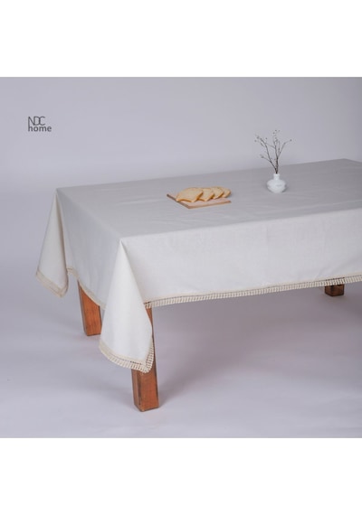 Dnc Home Tekstil  Organik Ham Keten Krem Pasalı Saçaklı Masa Örtüsü 001