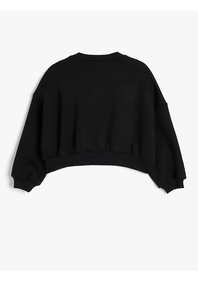 Koton Crop Sweatshirt Kelebek Baskılı Uzun Kollu Bisiklet Yaka Siyah 5wkg10198ak Siyah