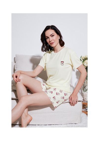 Lela Regular Fit Kısa Kollu Şortlu Bayan Pijama Takımı 65740103 Bej-Pembe