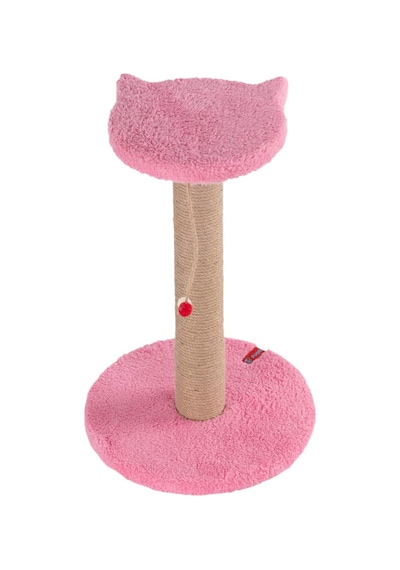 Stepli Kedi Yüzlü Platform Tırmalama Tahtası, Gri Peluş Kaplı, Sisal İpli, Oyuncaklı Pembe