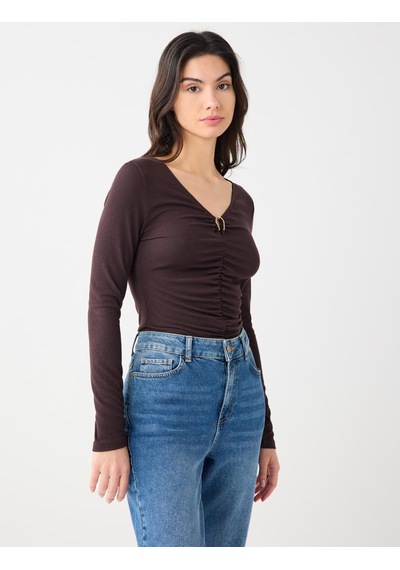 Jimmy Key Acı Kahve V Yaka Uzun Kollu Büzgü Detaylı Örme Bluz 5ww035626803