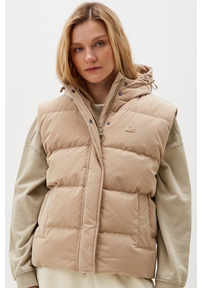 Lacoste Down Fill Water Resistant Womens Vest Kadın Su İtici Sabit Kapüşonlu Kaz Tüyü Yelek Bej