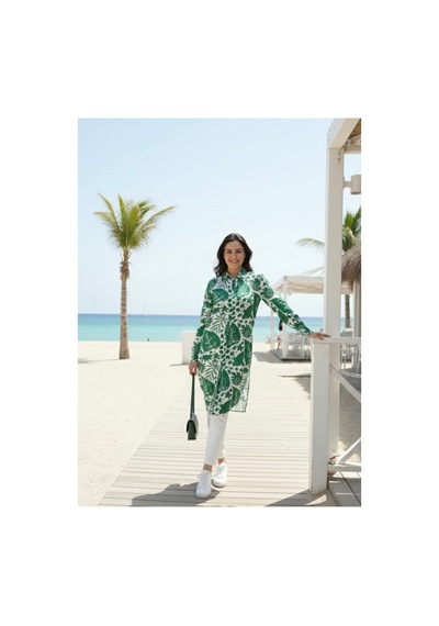 Polologin Butik Botanica" Serisi: Yeşil Yaprak Desenli Yazlık Tunik Yeşil