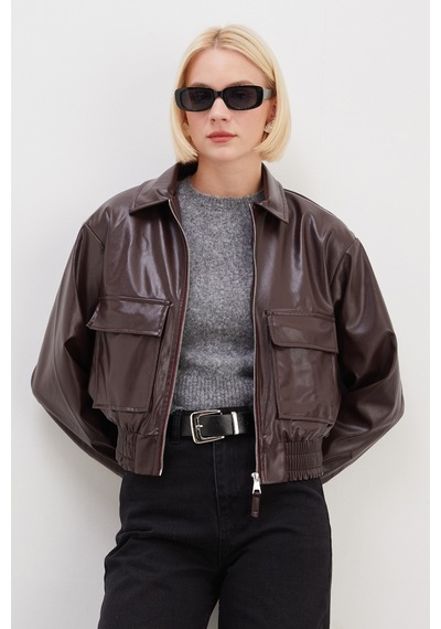 Fullamoda Çift Cepli Polo Yaka Suni Deri Bomber Ceket Bordo