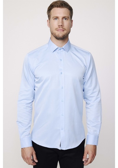 Tudors Modern Slim Fit Düz Saten Pamuklu Erkek Sax Mavi Gömlek-23057-sax Mavi Saks Mavisi