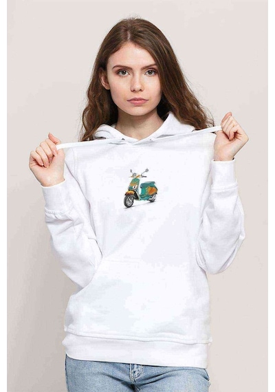Art Vespa Illustration On Baskılı Beyaz Kadın Kapşonlu Sweatshir