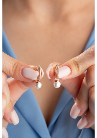 Nereze 925 Ayar Gümüş Rose Kaplama 10 Mm Sallantılı İnci Küpe