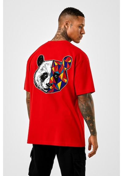 Panda Baskılı Oversize Siyah T-shirt Çok Renkli