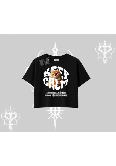 Startmore Startmore Keep Calm Yazılı Kedi Baskılı Streetwear Oversize Crop Tshirt Siyah