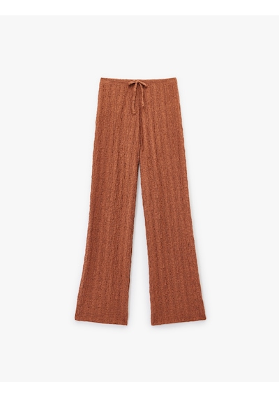 Koton Beli Bağcıklı Dokulu Uzun Bol Paça Pantolon Kahverengi 6wak40058ek Kahve