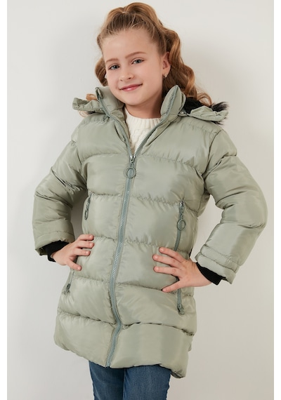Lela Peluş Astarlı Yakası Suni Kürklü Çıkarılabilir Kapüşonlu Kışlık Kız Çocuk Mont 5766038 Mint