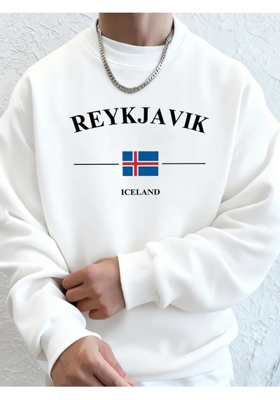 Startmore Tarzsokak Reykjavik İzlanda Harf Ve Bayrak Baskılı Erkek Günlük Sıcak Kapüşonlu Üstler Bisiklet Yaka Yu Beyaz