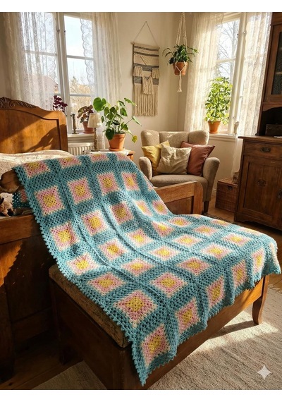Lexroo El Yapımı Pastel Renkli Kare Motif Örgü Battaniye Yumuşak Dokulu El Emeği Çok Renkli