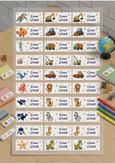 Erkek Çocukları Okul Etiketi / İsme Özel / Toplam 135 Adet / 2x5 Cm / Büyük Boy Çok Renkli