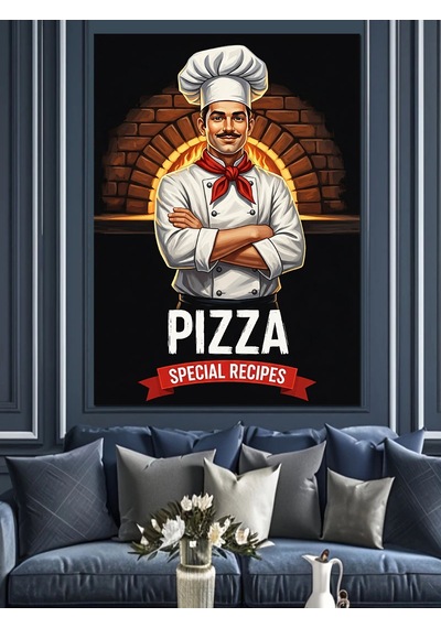Ahşap Tablo Fırın Önünde Pizza Ustası Şef Aşçı " Özel Pizza Tarifleri" Sloganlı Afiş