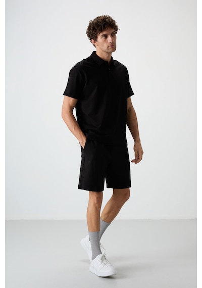 Air Jones Tommy Life Siyah Pamuklu Kalın Yumuşak Dokulu Polo Yaka Oversize Fit Basic Erkek T- Shirt - 88381 Siyah